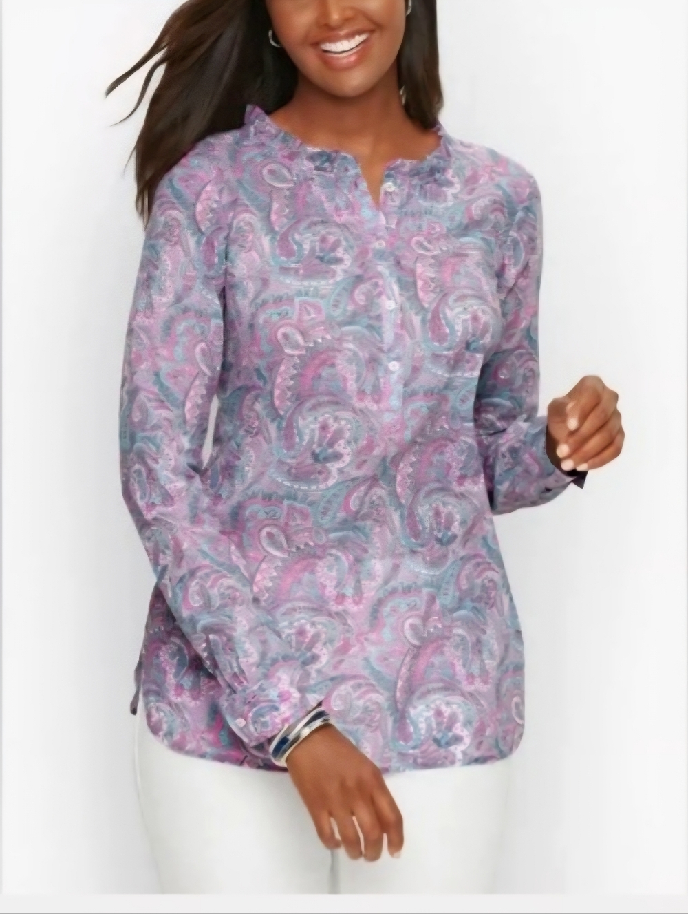 NWT Talbots Popover Paisley Ruffle Pleated Blouse multicolor 100% Cotton Size L